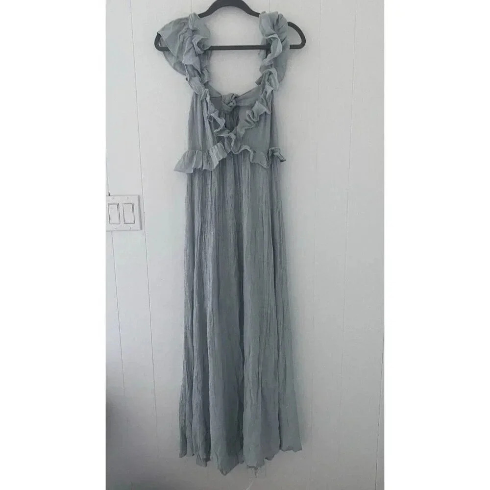 Flawless Fit‎ & Flare Gauzy Maxi Ruffle Trim Tie Back Dress Size XL Mint Color